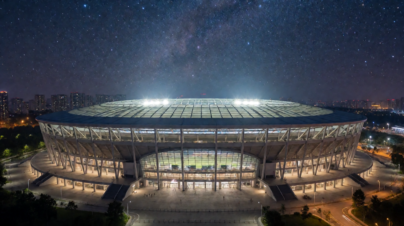 星空综合官网首屏：大型体育场馆夜景，星空主题氛围